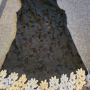 Black Lace Dress with Cream Floral Accents